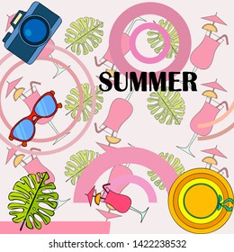 Summer postcard design. Sunglasses, camera, cocktail, leaf of a tropical plant, hat. Vector background