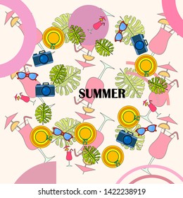 Summer postcard design. Sunglasses, camera, cocktail, leaf of a tropical plant, hat. Vector background