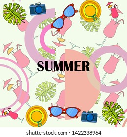 Summer postcard design. Sunglasses, camera, cocktail, leaf of a tropical plant, hat. Vector background