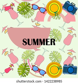 Summer postcard design. Sunglasses, camera, cocktail, leaf of a tropical plant, hat. Vector background