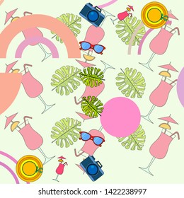 Summer postcard design. Sunglasses, camera, cocktail, leaf of a tropical plant, hat. Vector background