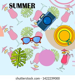 Summer postcard design. Sunglasses, camera, cocktail, leaf of a tropical plant, hat. Vector background