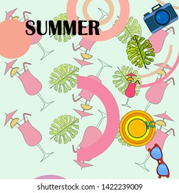 Summer postcard design. Sunglasses, camera, cocktail, leaf of a tropical plant, hat. Vector background