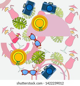 Summer postcard design. Sunglasses, camera, cocktail, leaf of a tropical plant, hat. Vector background