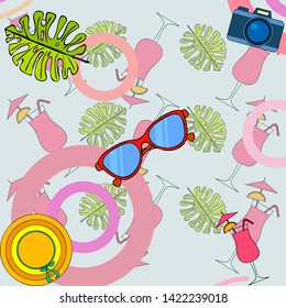 Summer postcard design. Sunglasses, camera, cocktail, leaf of a tropical plant, hat. Vector background