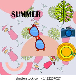 Summer postcard design. Sunglasses, camera, cocktail, leaf of a tropical plant, hat. Vector background