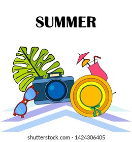 Summer postcard design. Sunglasses, camera, cocktail, leaf of a tropical plant, hat. Vector background