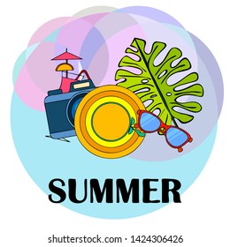 Summer postcard design. Sunglasses, camera, cocktail, leaf of a tropical plant, hat. Vector background
