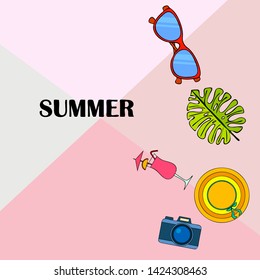 Summer postcard design. Sunglasses, camera, cocktail, leaf of a tropical plant, hat. Vector background