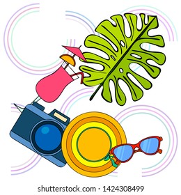 Summer postcard design. Sunglasses, camera, cocktail, leaf of a tropical plant, hat. Vector background