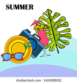 Summer postcard design. Sunglasses, camera, cocktail, leaf of a tropical plant, hat. Vector background