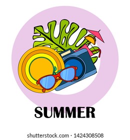 Summer postcard design. Sunglasses, camera, cocktail, leaf of a tropical plant, hat. Vector background
