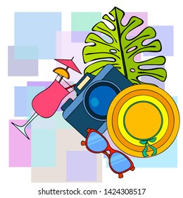 Summer postcard design. Sunglasses, camera, cocktail, leaf of a tropical plant, hat. Vector background