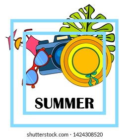 Summer postcard design. Sunglasses, camera, cocktail, leaf of a tropical plant, hat. Vector background