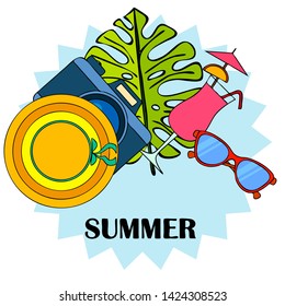 Summer postcard design. Sunglasses, camera, cocktail, leaf of a tropical plant, hat. Vector background