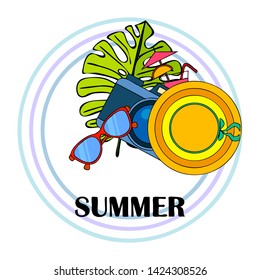 Summer postcard design. Sunglasses, camera, cocktail, leaf of a tropical plant, hat. Vector background