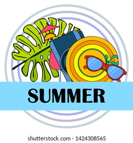 Summer postcard design. Sunglasses, camera, cocktail, leaf of a tropical plant, hat. Vector background