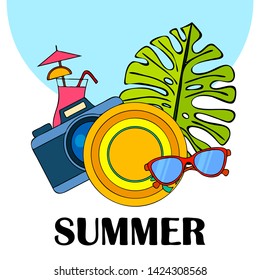 Summer postcard design. Sunglasses, camera, cocktail, leaf of a tropical plant, hat. Vector background