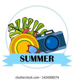 Summer postcard design. Sunglasses, camera, cocktail, leaf of a tropical plant, hat. Vector background