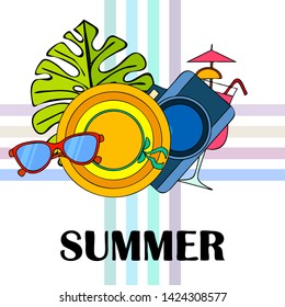 Summer postcard design. Sunglasses, camera, cocktail, leaf of a tropical plant, hat. Vector background