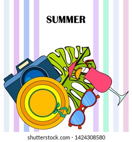 Summer postcard design. Sunglasses, camera, cocktail, leaf of a tropical plant, hat. Vector background
