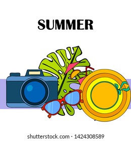 Summer postcard design. Sunglasses, camera, cocktail, leaf of a tropical plant, hat. Vector background