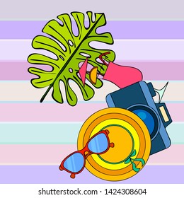 Summer postcard design. Sunglasses, camera, cocktail, leaf of a tropical plant, hat. Vector background