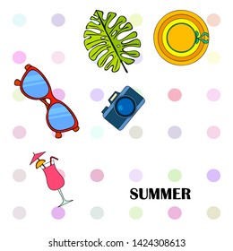 Summer postcard design. Sunglasses, camera, cocktail, leaf of a tropical plant, hat. Vector background
