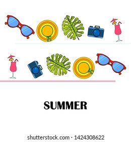 Summer postcard design. Sunglasses, camera, cocktail, leaf of a tropical plant, hat. Vector background