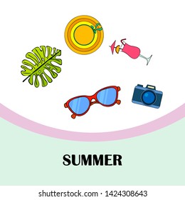 Summer postcard design. Sunglasses, camera, cocktail, leaf of a tropical plant, hat. Vector background