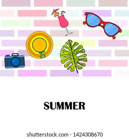 Summer postcard design. Sunglasses, camera, cocktail, leaf of a tropical plant, hat. Vector background