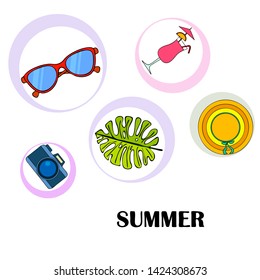 Summer postcard design. Sunglasses, camera, cocktail, leaf of a tropical plant, hat. Vector background