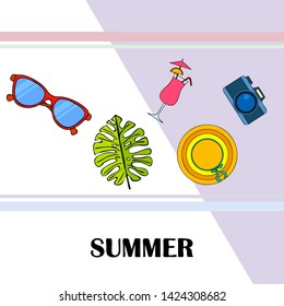 Summer postcard design. Sunglasses, camera, cocktail, leaf of a tropical plant, hat. Vector background