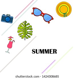 Summer postcard design. Sunglasses, camera, cocktail, leaf of a tropical plant, hat. Vector background