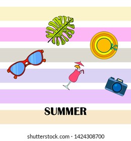 Summer postcard design. Sunglasses, camera, cocktail, leaf of a tropical plant, hat. Vector background