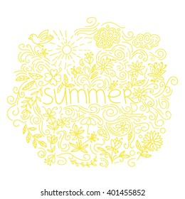 Summer postcard. Doodle summer card with floral elements, flowers, sun, curly lines. Vector illustration.