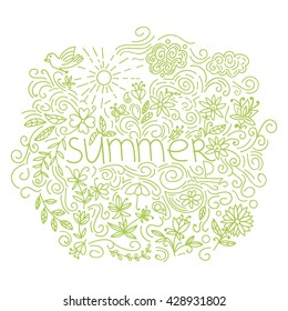 Summer postcard. Doodle summer card with floral elements, flowers, sun, curly lines. Vector illustration.