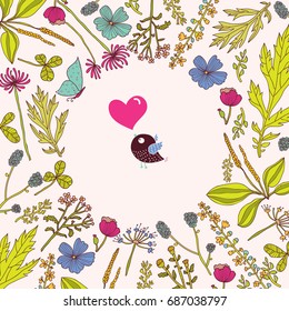 Summer postcard, Flowers and bird.