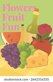 Summer postcard with Fruit, Cheese and Peony with “Flowers, Fruit, Fun” Quote, Vector Illustration 