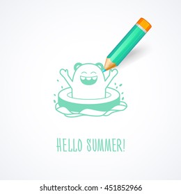 Summer postcard with a funny character. Cartoon monster drawn with a pencil.