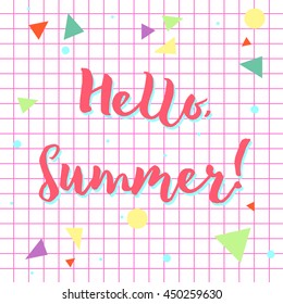 Summer postcard with geometric forms and grid background. Vector graphics