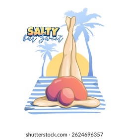 summer postcard with a girl on the beach, in a red hat, palm trees and sun, for your designs, calendar, planner