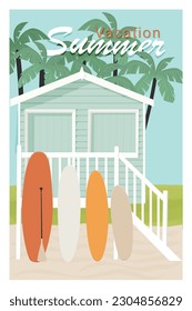 Summer postcard. Hello summer. Beautiful landscape. Beach. A house on the beach.Palm trees