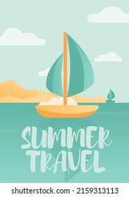 Summer postcard. Illustration of the sailboat in the sea.