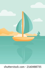 Summer postcard. Illustration of the sailboat in the sea.