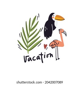 Summer postcard isolated on white. Cute seasonal elements, surf, palm, banana, rainbow, crab, star, baggage, toucan, flamingo, lemon. Hand drawn cartoon vacation flat illustration