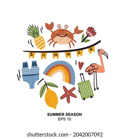 Summer postcard isolated on white. Cute seasonal elements, surf, palm, banana, rainbow, crab, star, baggage, toucan, flamingo, lemon. Hand drawn cartoon vacation flat illustration