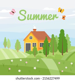 Summer postcard landscape of a small house on hill with trees, roads. Beautiful natural countryside landscape. Flat style vector illustration. Seasonal background.