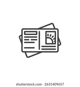 Icono de línea de postal de verano. signo de estilo lineal para concepto móvil y Diseño web. Tarjeta postal con el sello y el icono del Vector del contorno del sol. Símbolo, ilustración del logotipo. Gráficos de Vector