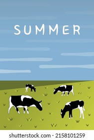 Paisaje de postales de verano con vacas. Ilustración vectorial de verano, fondo, afiche.